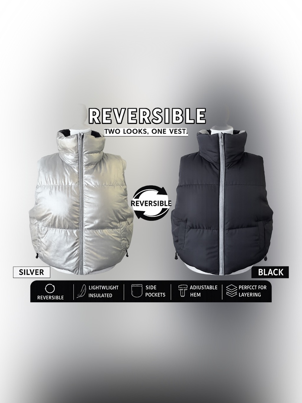 all in motion Reversible Puffer Vest in Silver and Black